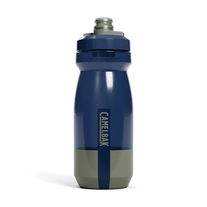 CamelBak Podium Bike Bottle 0.6L - Retail Colours - A drink bottle with a navy blue and grey design, featuring a wide mouth for easy filling and a logo on the side.