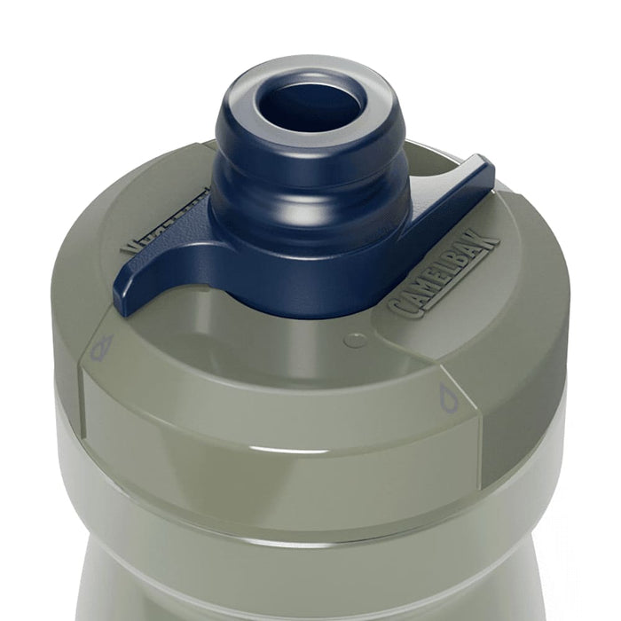 CamelBak Podium Bike Bottle 0.6L - Retail Colours - A drink bottle in olive green with a dark blue nozzle and a branding logo on the cap.