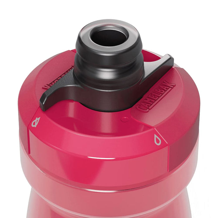 CamelBak Podium Bike Bottle 0.6L - Retail Colours - A drink bottle in bright pink with a black nozzle, featuring an integrated spout and a logo on the side.
