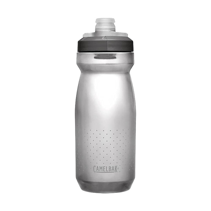 CamelBak Podium Bike Bottle 0.6L - Retail Colours - A drink bottle in clear plastic with grey accents and a logo, featuring a squeeze top for easy hydration.