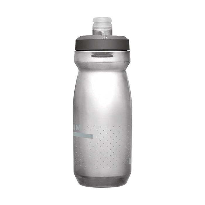 CamelBak Podium Bike Bottle 0.6L - Retail Colours - A drink bottle in clear plastic with a grey cap and nozzle, featuring a dotted design and a branding logo.