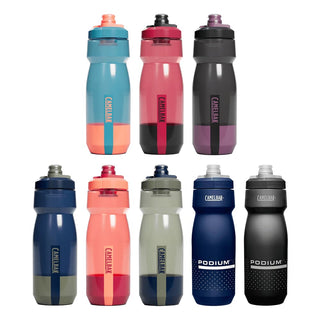 CamelBak - Podium 0.7L - A drink bottle assortment featuring various colours, including blue, pink, grey, and black, with different designs and a logo.