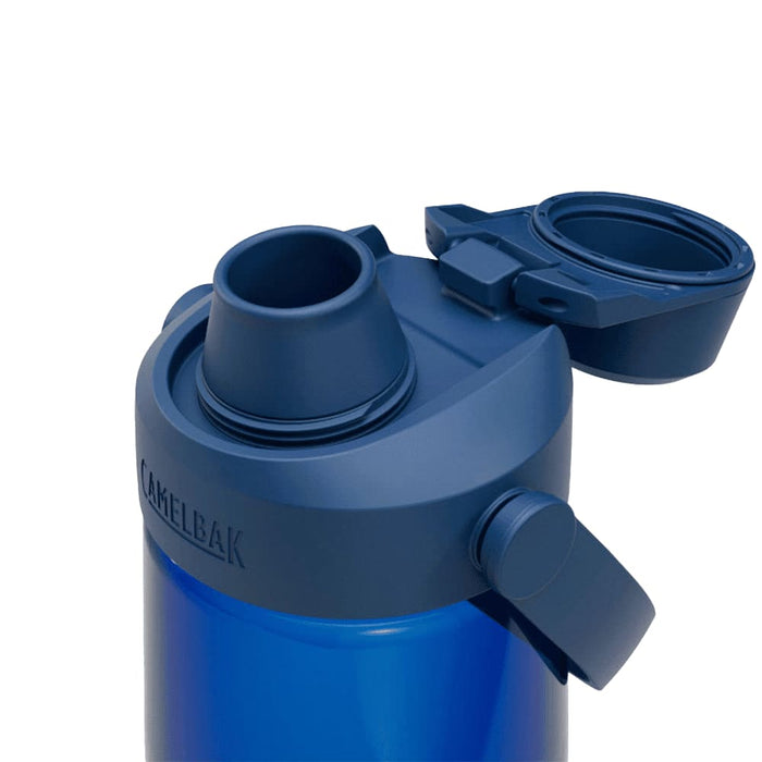 CamelBak - Thrive Chug 0.75L - A drink bottle in blue with a wide mouth, a flip-top cap, and a spout, featuring a logo on the side.