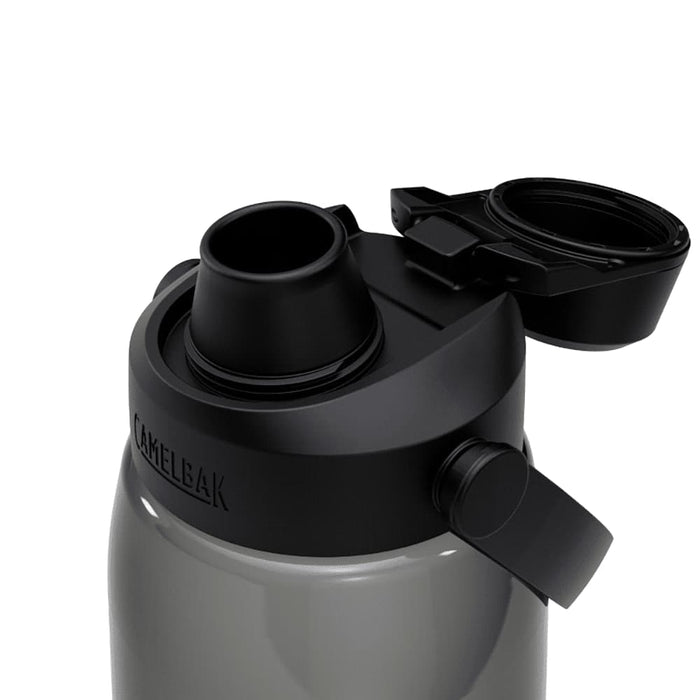 CamelBak - Thrive Chug 1.0L - A drink bottle with a grey body and a black, flip-top lid featuring a spout and a brand logo.