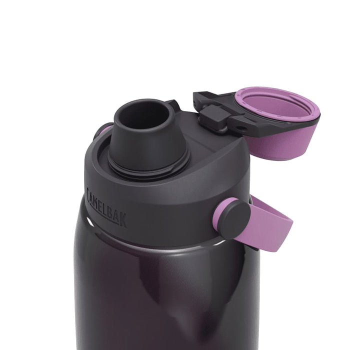 CamelBak - Thrive Chug 1.0L - A drink bottle in black with purple accents, featuring a wide mouth opening and a removable cap, and a logo.