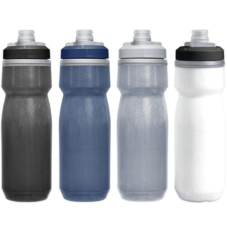 CamelBak - Podium Chill 0.6L - A drink bottle set featuring four colours: black, navy, clear, and white, each with a structured design and a logo.
