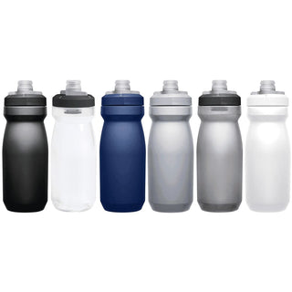 CamelBak - Podium 0.6L - Plain Colours - A drink bottle collection featuring black, clear, navy, silver, and white options, each with a grey cap and logo.