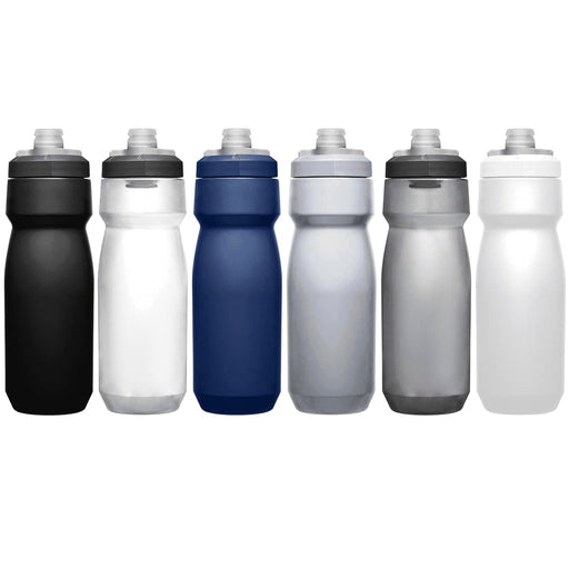 CamelBak - Podium 0.7L - Plain Colours - A drink bottle collection featuring six styles in black, white, navy, silver, and grey, each with a logo.