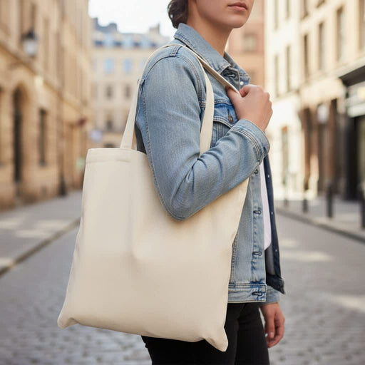 440gsm Kensington Recycled Cotton Tote Bag - A person wearing a denim jacket holds a cream-coloured recycled cotton tote bag on a cobblestone street.
