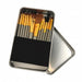 12-Piece Brush with Metal Box Set - A set of 12 brushes featuring gold detailing, housed in a metal box with a sleek, silver finish.