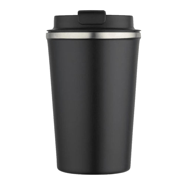 Carry Cup Newport Double Wall Vacuum Tumbler - 350ml - A drink bottle with a sleek black exterior and a silver rim, featuring a lid. Ideal for hot or cold beverages.