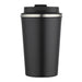 Carry Cup Newport Double Wall Vacuum Tumbler - 350ml - A drink bottle with a sleek black exterior and a silver rim, featuring a lid. Ideal for hot or cold beverages.