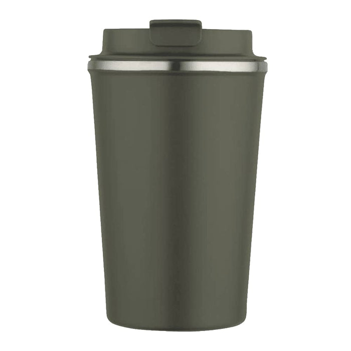Carry Cup Newport Double Wall Vacuum Tumbler - 350ml - A drink bottle in a matte olive green colour with a stainless steel lid and a logo.