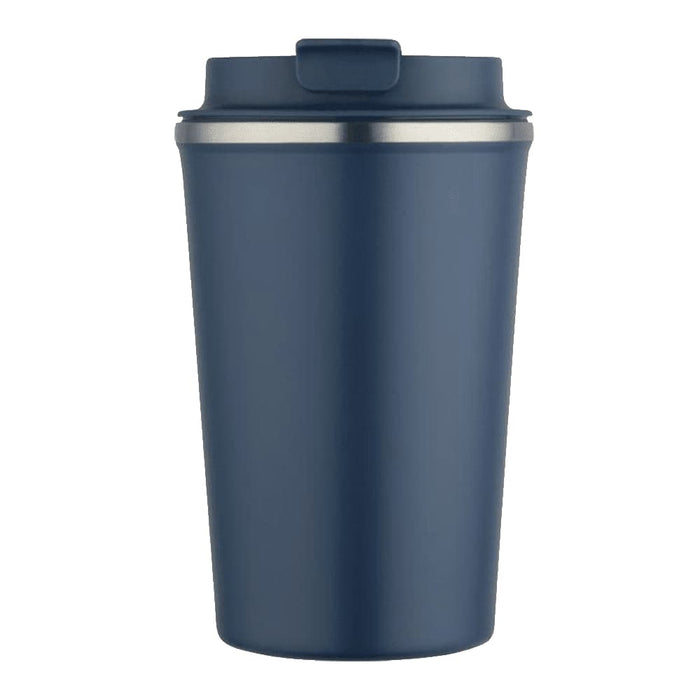 Carry Cup Newport Double Wall Vacuum Tumbler - 350ml - A drink bottle in dark blue with a stainless steel rim and a lid, featuring a logo.