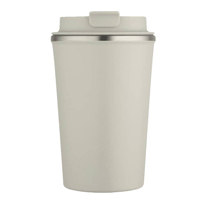 Carry Cup Newport Double Wall Vacuum Tumbler - 350ml - A drink bottle featuring a cream-coloured double wall design with a stainless steel rim and a lid. It has a logo.