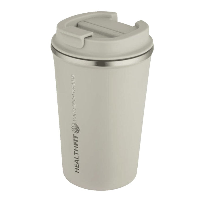 Carry Cup Newport Double Wall Vacuum Tumbler - 350ml - A drink bottle with a double wall, vacuum insulated design, featuring a cream colour and a lid, includes a logo.