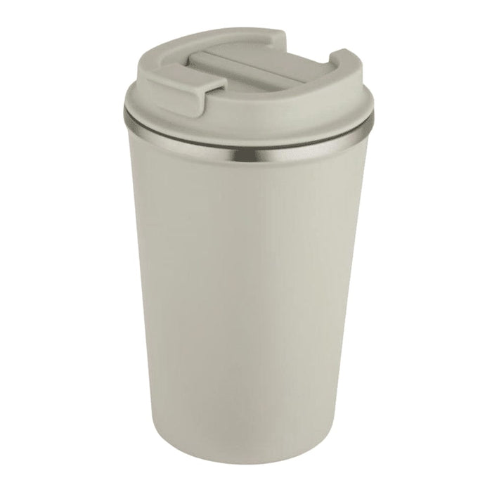 Carry Cup Newport Double Wall Vacuum Tumbler - 350ml - A drink bottle in a light grey colour with a stainless steel base and a secure lid. It features a logo.