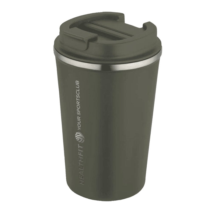 Carry Cup Newport Double Wall Vacuum Tumbler - 350ml - A drink bottle in dark green with a double wall vacuum design, featuring a lid and a logo.