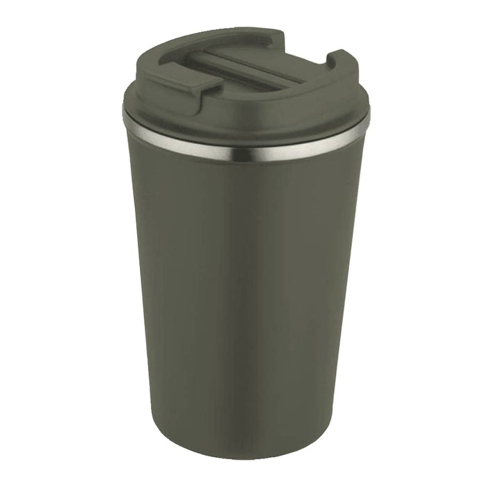Carry Cup Newport Double Wall Vacuum Tumbler - 350ml - A drink bottle with a double wall vacuum design, featuring an olive green exterior and a stainless steel rim.