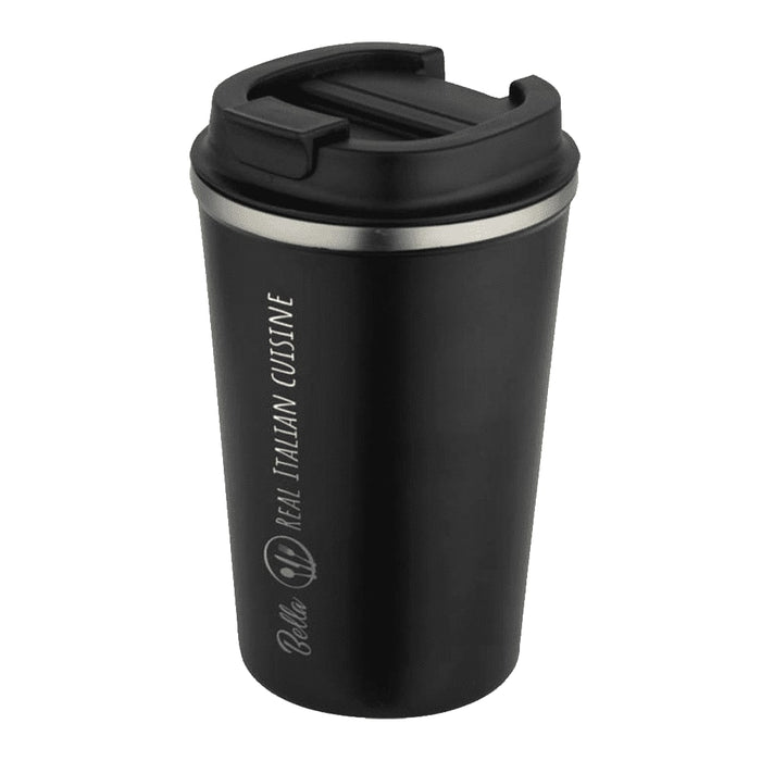 Carry Cup Newport Double Wall Vacuum Tumbler - 350ml - A drink bottle in matte black with a stainless steel lid and a logo on the side. It has a double wall vacuum design.