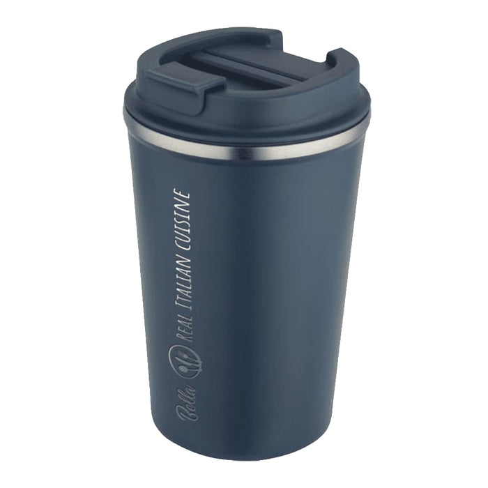 Carry Cup Newport Double Wall Vacuum Tumbler - 350ml - A drink bottle in navy blue with a stainless steel rim and a lid, featuring a logo design.
