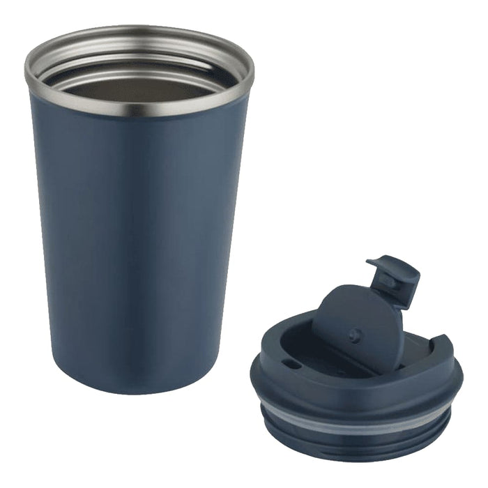 Carry Cup Newport Double Wall Vacuum Tumbler - 350ml - A drink bottle with a navy blue exterior and stainless steel interior, accompanied by a detachable lid.