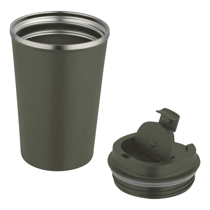 Carry Cup Newport Double Wall Vacuum Tumbler - 350ml - A drink bottle featuring a double wall vacuum design in olive green with a removable lid and spout.