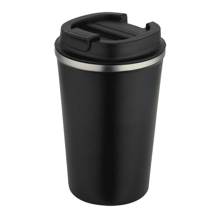 Carry Cup Newport Double Wall Vacuum Tumbler - 350ml - A drink bottle with a double-wall design, featuring a black exterior and a silver band around the top. It has a lid and a logo.