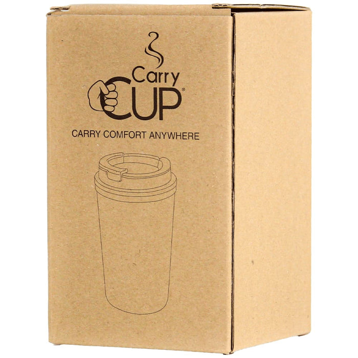 Carry Cup Newport Double Wall Vacuum Tumbler - 350ml - A drink bottle in a cardboard box, featuring a simple outline design and a logo. The design emphasises portability and comfort.