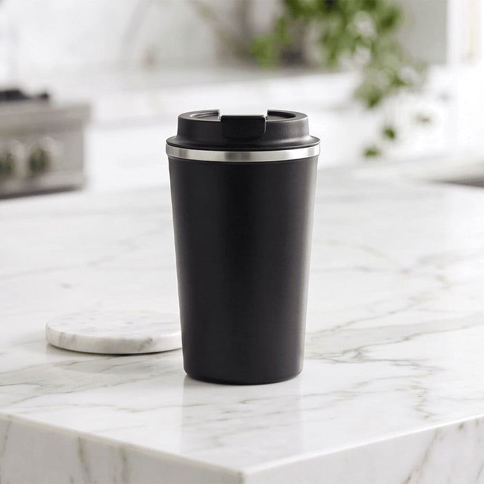 Carry Cup Newport Double Wall Vacuum Tumbler - 350ml - A drink bottle with a sleek black exterior and a stainless steel rim, featuring a lid and a logo.
