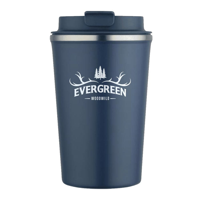 Carry Cup Newport Double Wall Vacuum Tumbler - 350ml - A drink bottle featuring a navy exterior and a stainless steel rim, with a logo on the front.