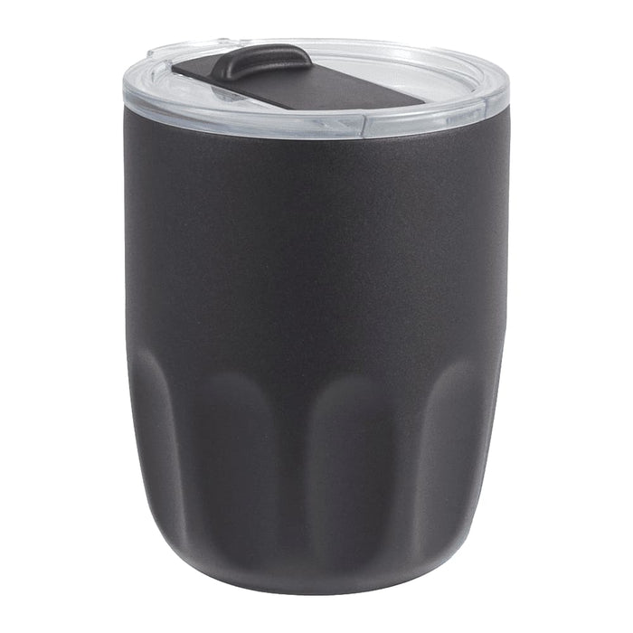 Carry Cup Olla Vacuum Coffee Cup w/ Ceramic Liner - 300ml - A drink bottle in matte black with a clear lid, featuring a textured design and a logo.