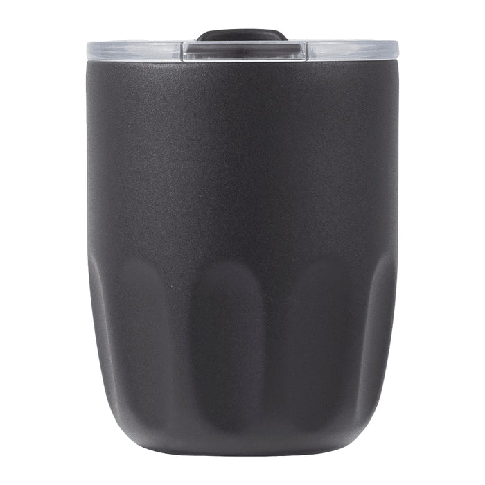 Carry Cup Olla Vacuum Coffee Cup w/ Ceramic Liner - 300ml - A drink bottle in matte black with a clear lid, featuring a logo on the side. The design is sleek and modern.
