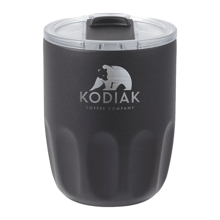 Carry Cup Olla Vacuum Coffee Cup w/ Ceramic Liner - 300ml - A drink bottle with a black exterior and clear lid, featuring a logo and a rounded design suitable for beverages.