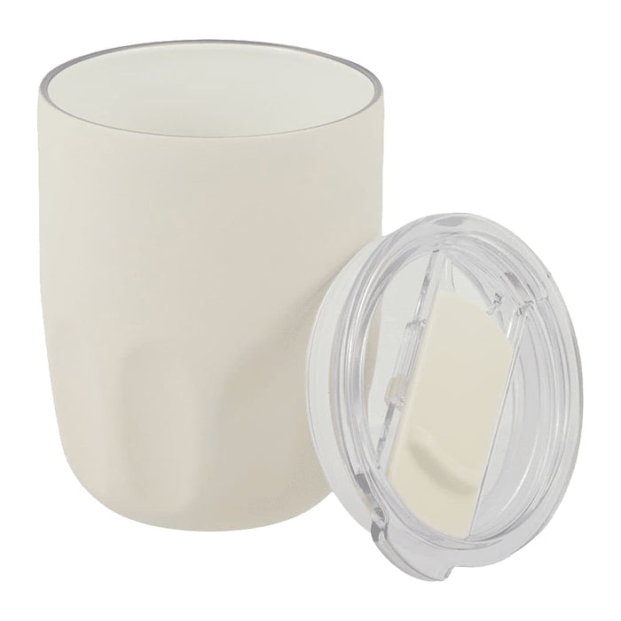 Carry Cup Olla Vacuum Coffee Cup w/ Ceramic Liner - 300ml - A drink bottle with a beige ceramic-lined body and a clear lid, featuring a logo.