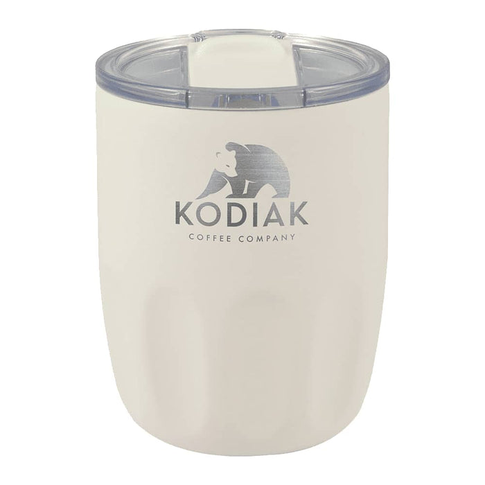 Carry Cup Olla Vacuum Coffee Cup w/ Ceramic Liner - 300ml - A drink bottle in cream with a transparent lid and a logo, designed for holding beverages.