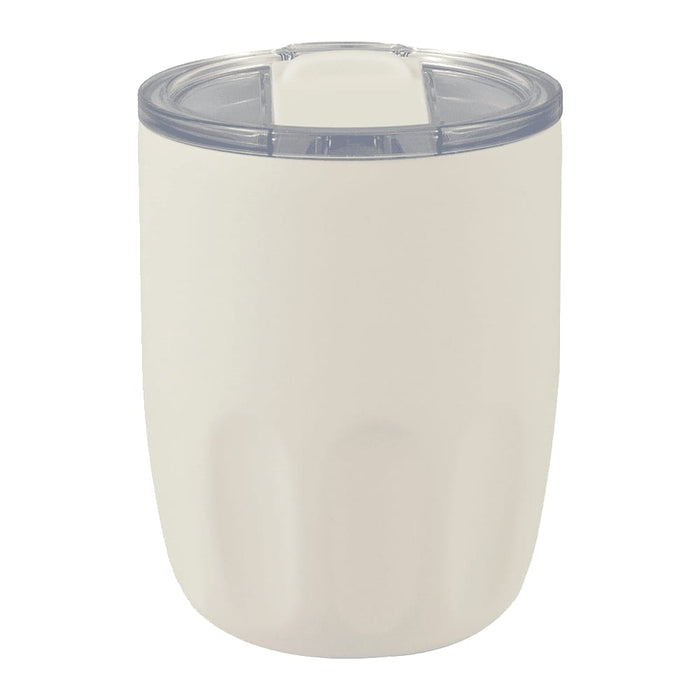 Carry Cup Olla Vacuum Coffee Cup w/ Ceramic Liner - 300ml - A drink bottle with a white exterior and clear lid, featuring a logo, designed for hot or cold beverages.