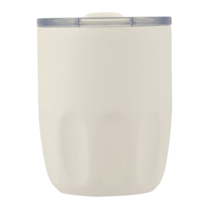 Carry Cup Olla Vacuum Coffee Cup w/ Ceramic Liner - 300ml - A drink bottle in a cream colour with a transparent lid and a branding logo on the side.