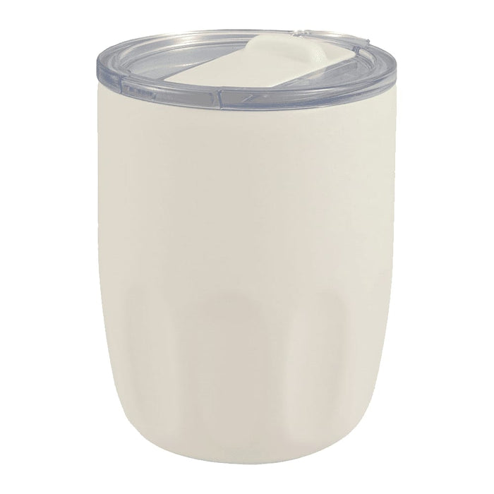 Carry Cup Olla Vacuum Coffee Cup w/ Ceramic Liner - 300ml - A drink bottle in cream with a clear lid, featuring a ceramic liner. Includes a branding logo.