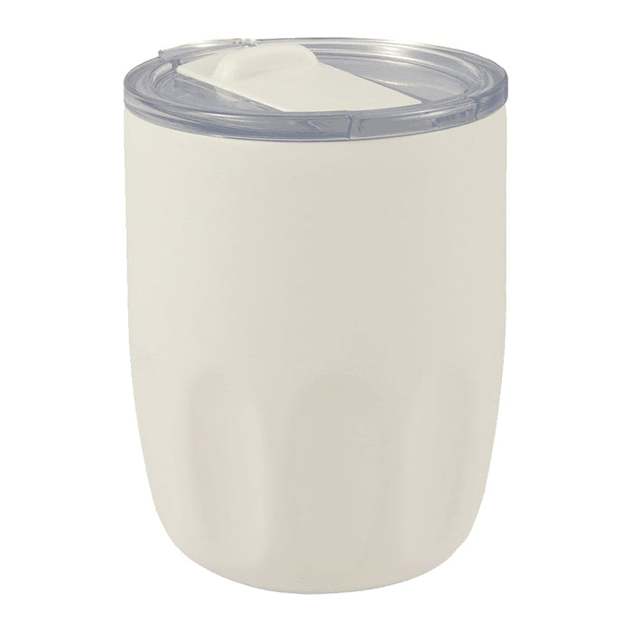Carry Cup Olla Vacuum Coffee Cup w/ Ceramic Liner - 300ml - A drink bottle in cream with a transparent lid and a logo, featuring a smooth, rounded design.