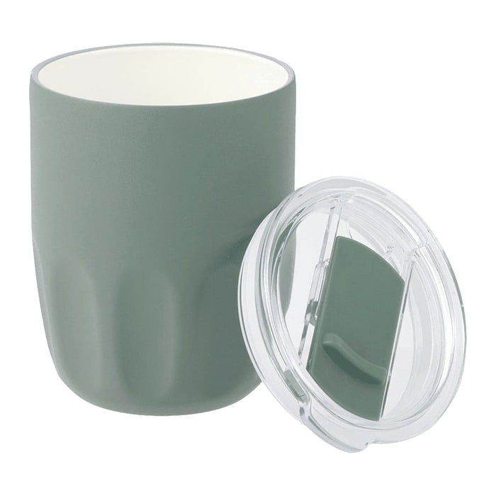 Carry Cup Olla Vacuum Coffee Cup w/ Ceramic Liner - 300ml - A drink bottle featuring a matte green exterior and a ceramic liner, with a clear lid. It has a logo.