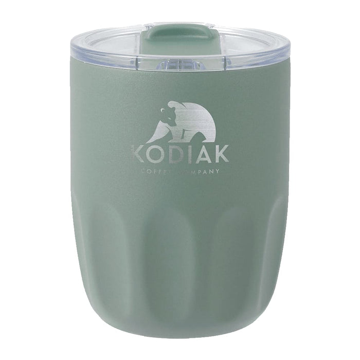 Carry Cup Olla Vacuum Coffee Cup w/ Ceramic Liner - 300ml - A drink bottle with a matte green finish, featuring a ceramic liner and a transparent lid. It has a logo on the front.