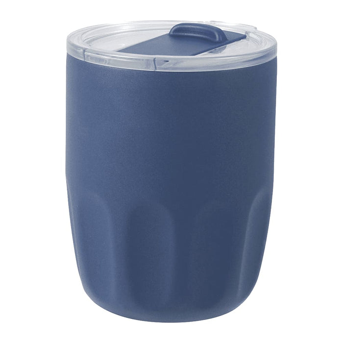 Carry Cup Olla Vacuum Coffee Cup w/ Ceramic Liner - 300ml - A drink bottle featuring a dark blue finish and a clear lid, with a smooth ceramic liner and a branding logo.