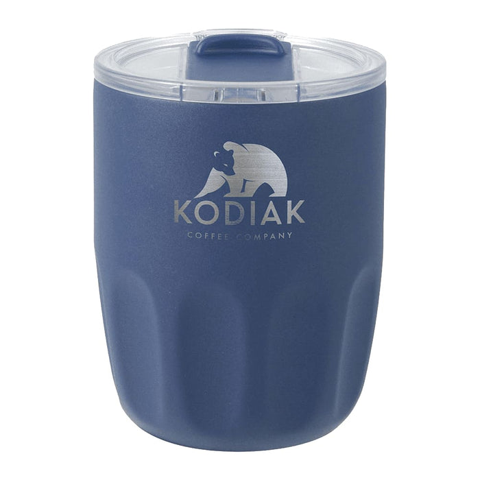 Carry Cup Olla Vacuum Coffee Cup w/ Ceramic Liner - 300ml - A drink bottle in navy blue with a clear lid and an embossed logo on the front.
