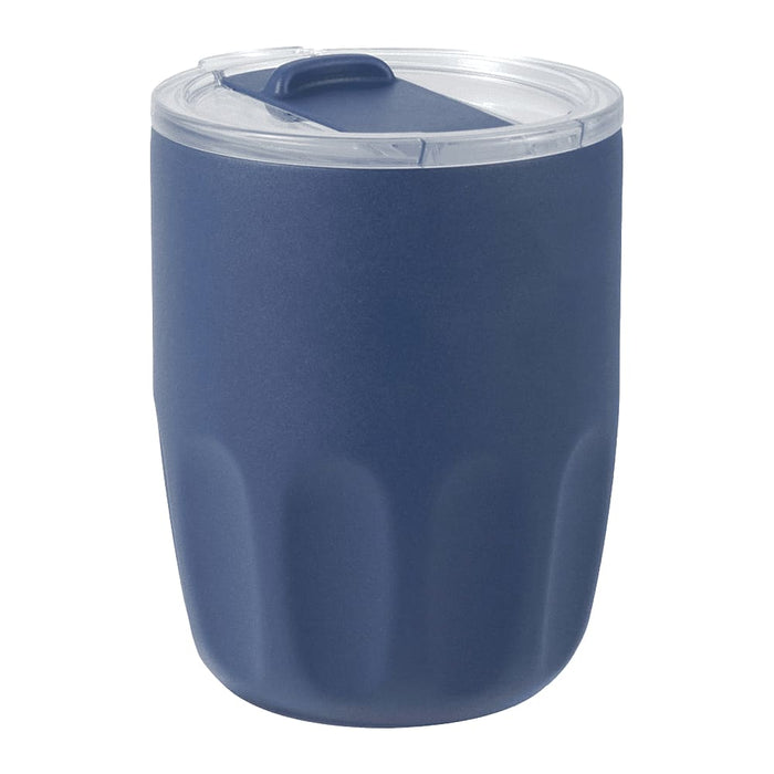 Carry Cup Olla Vacuum Coffee Cup w/ Ceramic Liner - 300ml - A drink bottle in navy blue with a transparent lid and a textured design. It features a logo on the surface.