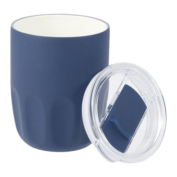 Carry Cup Olla Vacuum Coffee Cup w/ Ceramic Liner - 300ml - A drink bottle featuring a navy blue exterior, ceramic liner, and a transparent lid. It has a logo on the surface.