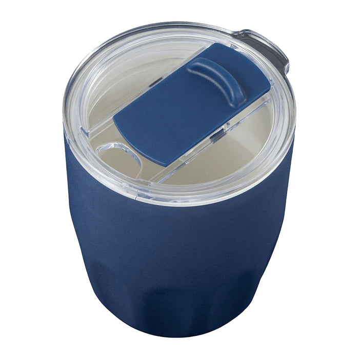 Carry Cup Olla Vacuum Coffee Cup w/ Ceramic Liner - 300ml - A drink bottle with a navy blue silicone exterior and a transparent lid featuring a sliding closure.