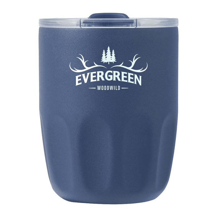 Carry Cup Olla Vacuum Coffee Cup w/ Ceramic Liner - 300ml - A drink bottle in navy blue with a matte finish and a clear lid, featuring a logo on the front.
