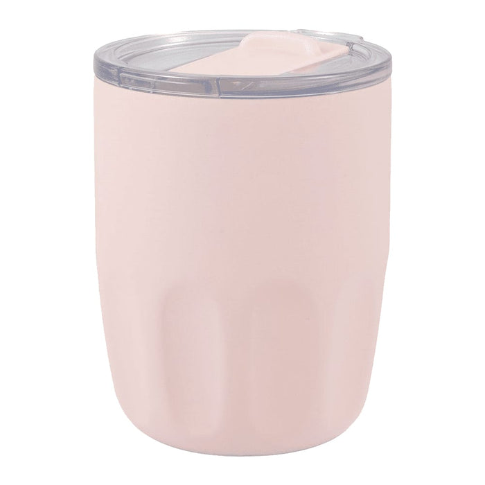 Carry Cup Olla Vacuum Coffee Cup w/ Ceramic Liner - 300ml - A pink vacuum coffee cup with a ceramic liner and a clear lid, featuring an integrated straw and a branding logo.