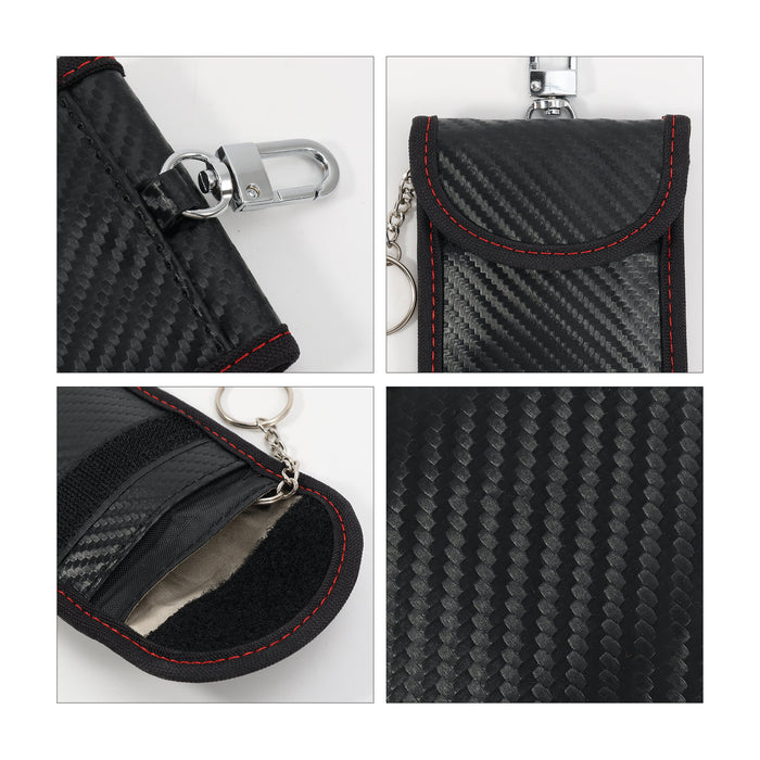 Carbon Fibre Faraday Key Pouch - A black carbon fibre Faraday key pouch with red stitching, featuring a clasp and a keyring attachment.